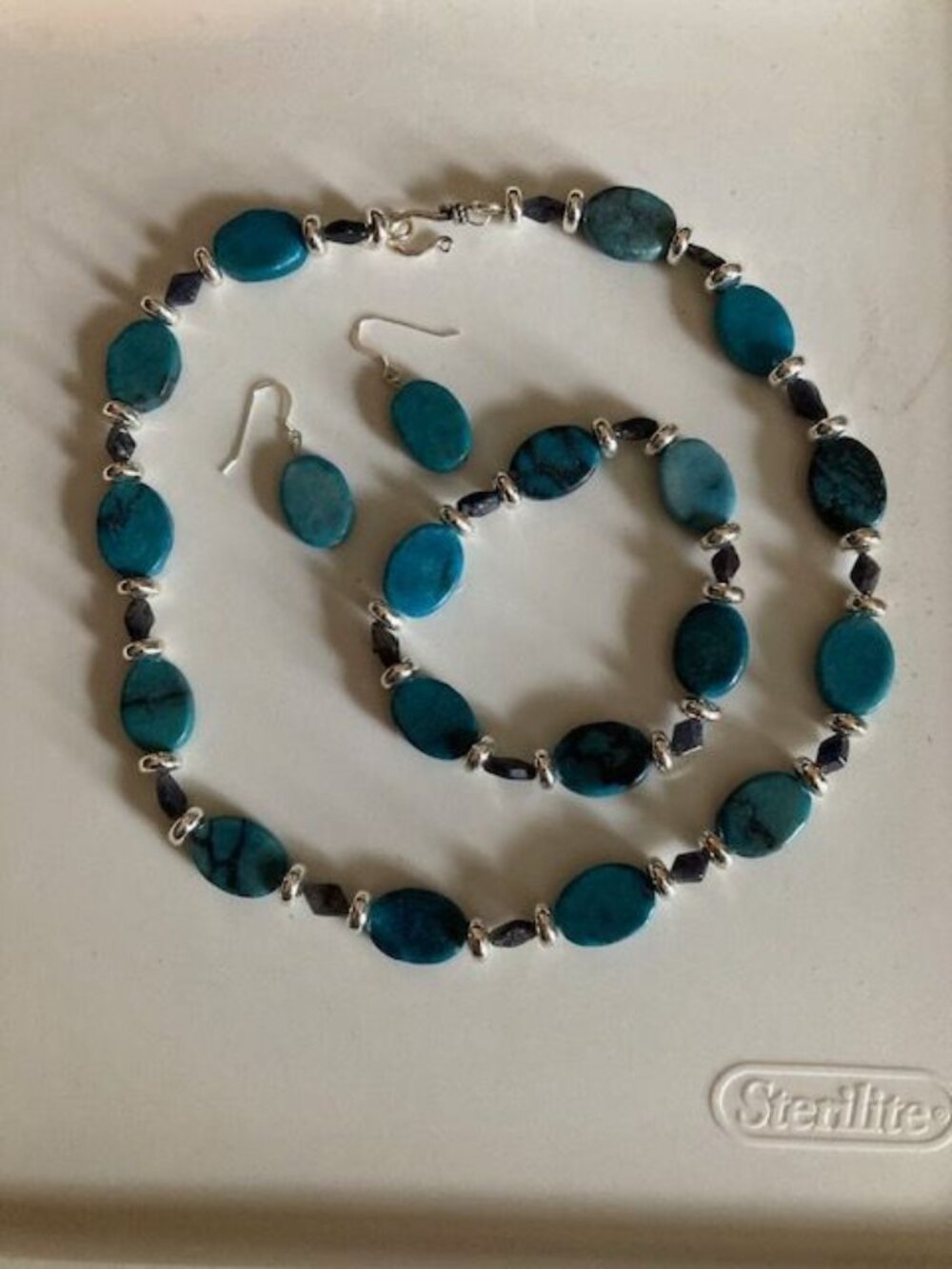 Turquoise and Silver Beaded Necklace, Bracelet and Earrings Set